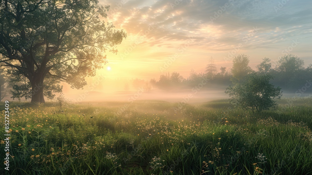 Fototapeta premium Cool Spring morning with misty sunrise