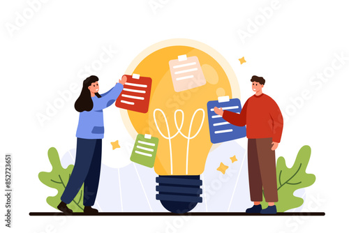 Ideation, brainstorm meeting and workshop. Tiny people share opinion and innovation smart solution with sticky notes and light bulb, colleagues think on genius idea cartoon vector illustration