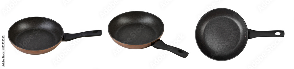 Set of empty frying pans with nonstick surface isolated on white background, close-upю. Set of empty frying pans with nonstick surface isolated on white background, close-upю.