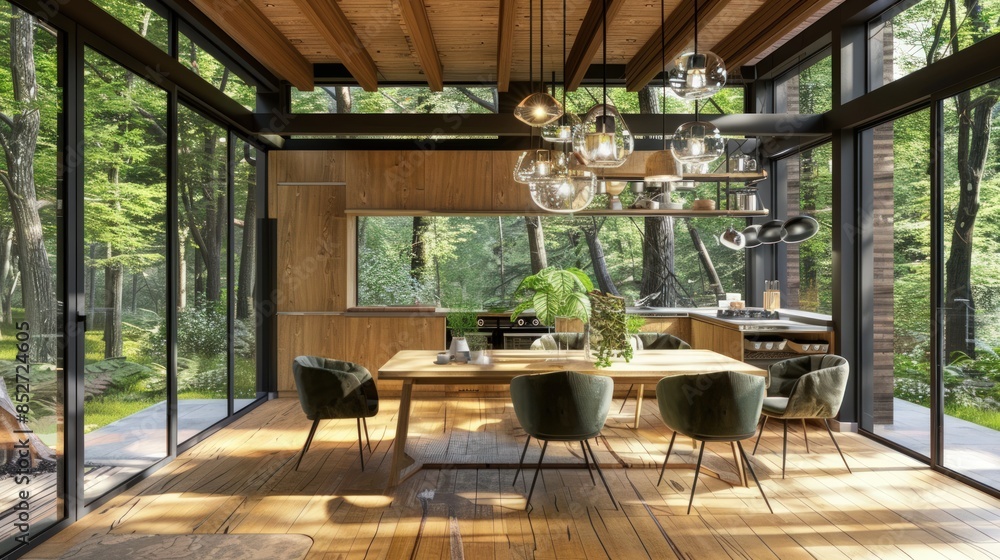 Fototapeta premium Modern Kitchen with Forest View
