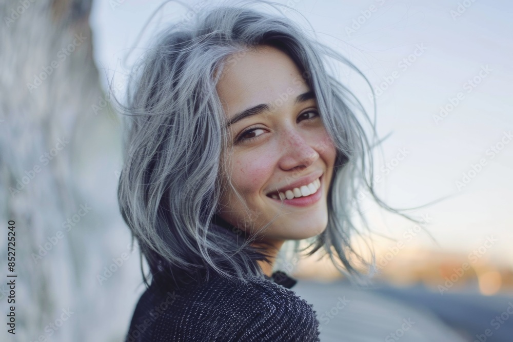 Cheerful Smiling Woman with Gray Hair Posing Outdoors in Natural Light - Portrait for Lifestyle and Beauty Cheerful Smiling Woman with Gray Hair Posing Outdoors in Natural Light - Portrait for Lifestyle and Beauty