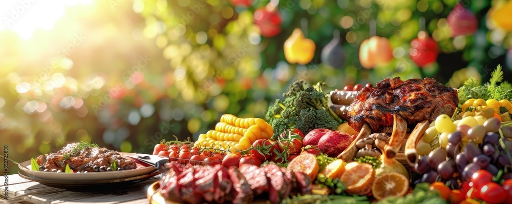 A table full of food including meat, vegetables, and fruit, barbecue grill, bbq background. A table full of food including meat, vegetables, and fruit, barbecue grill, bbq background.
