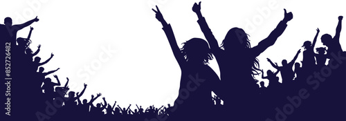 Cheerful two women on background of crowd people silhouette, cheerful fans people at stadium.  Sports event or concert. Vector illustration