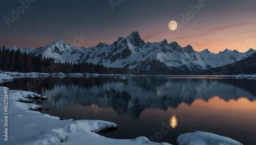  A serene snowy landscape, where icy peaks reflect the soft glow of a full moon  ai_generated © Haroon