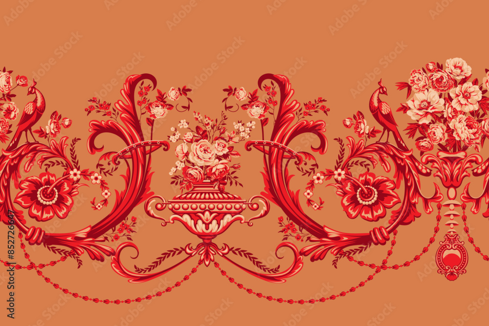 Baroque seamless border with bouquet of roses and peonies, floral motif and peacocks