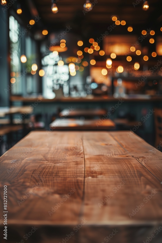 Wooden Tabletop with Blurred Background of Warm Lights in a Cozy Restaurant Setting Wooden Tabletop with Blurred Background of Warm Lights in a Cozy Restaurant Setting