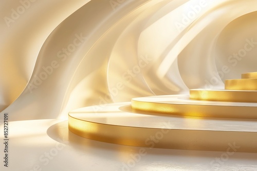 3D display podium, white background with pedestal and gold color metal wave. Nature wind. Beauty, cosmetic product presentation stand. Luxury feminine mockup 3d render advertisement