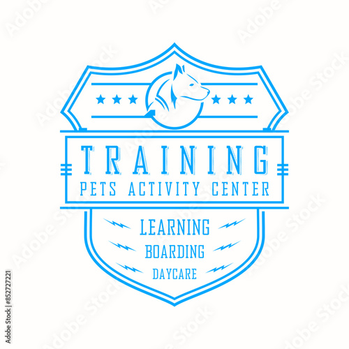Simple, Unique, Vintage, Elegance, Blue Colored Pets School And Training Logo Badge Vector Emblem
