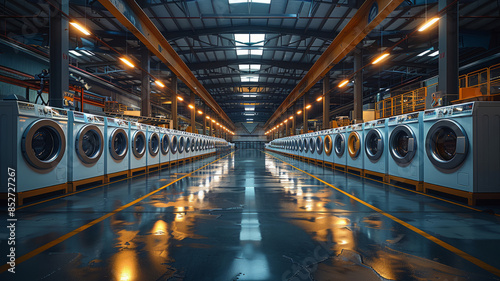 Modern Industrial Laundry Facility Interior With Rows Of Washing Machines