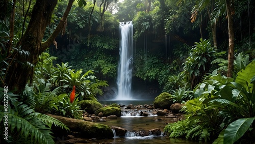 Fototapeta Naklejka Na Ścianę i Meble -  About a lush tropical rainforest alive with cascading waterfalls and vibrant wildlife ai_generated