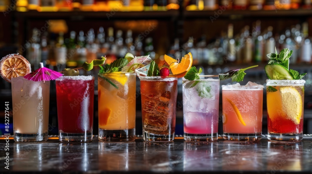 A colorful array of cocktails lined up on a bar, each with distinct garnishes and vibrant hues, showcasing a night of variety and fun A colorful array of cocktails lined up on a bar, each with distinct garnishes and vibrant hues, showcasing a night of variety and fun