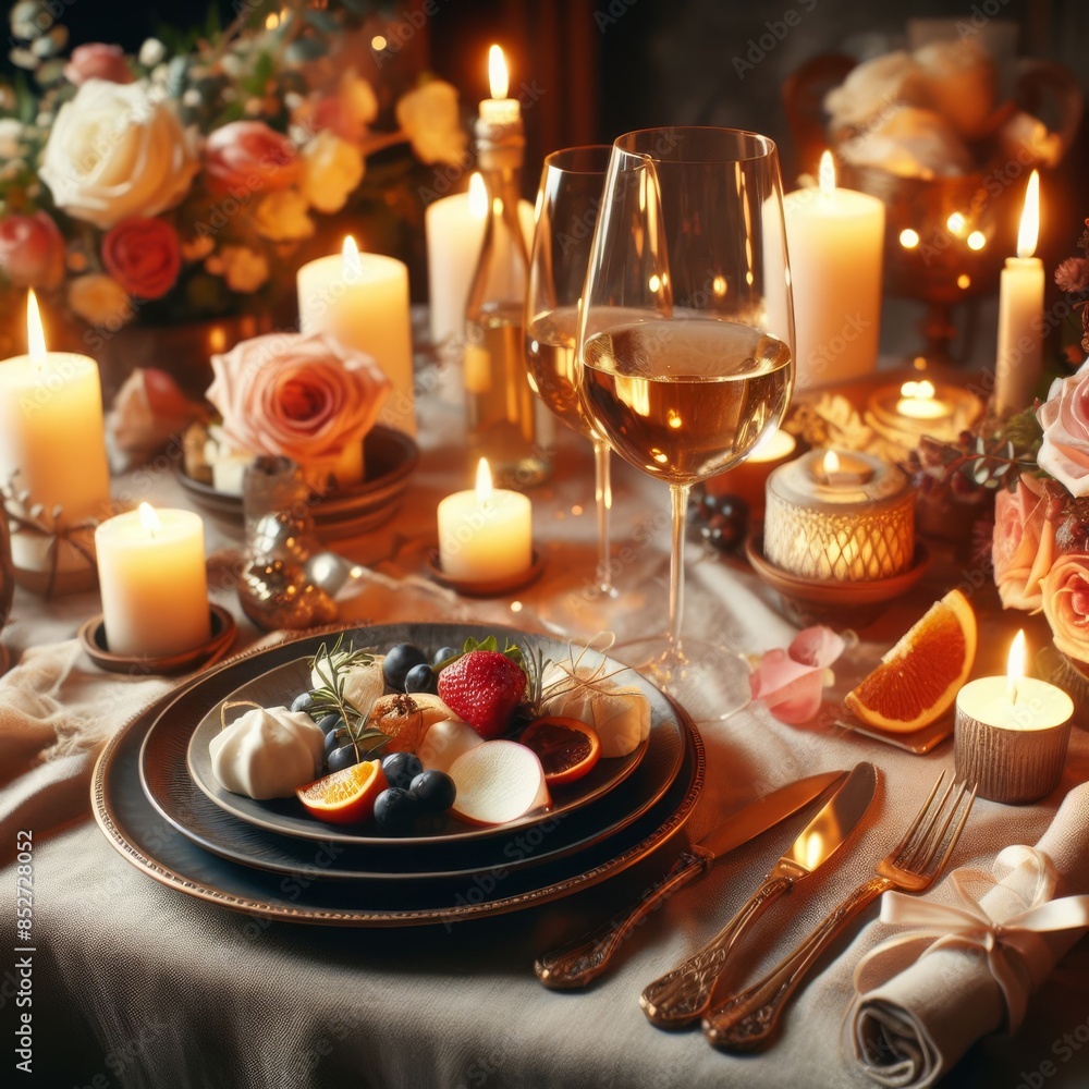 A beautifully arranged dinner table with elegant candles, flowers, and a delectable spread of desserts, including fruits and cream. The warm candlelight and delicate decor create a romantic and A beautifully arranged dinner table with elegant candles, flowers, and a delectable spread of desserts, including fruits and cream. The warm candlelight and delicate decor create a romantic and