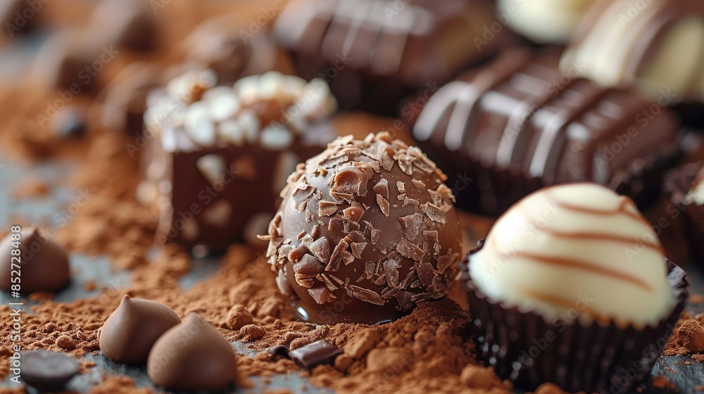A variety of chocolate candies are displayed on a table with a brown surface A variety of chocolate candies are displayed on a table with a brown surface