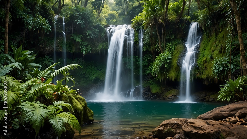 About a lush tropical rainforest alive with cascading waterfalls and vibrant wildlife ai_generated About a lush tropical rainforest alive with cascading waterfalls and vibrant wildlife ai_generated
