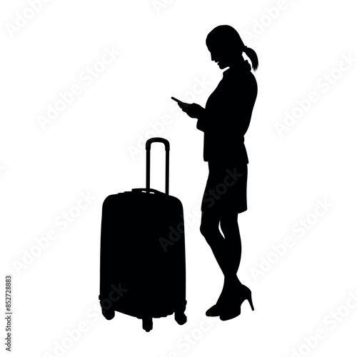 Businesswoman standing using smartphone with luggage in airport black silhouette.

