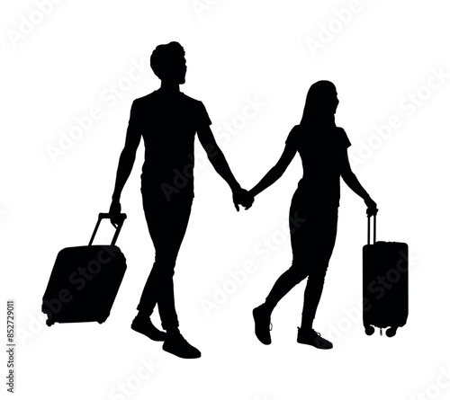 Couple travel holding hands and pulling suitcases while walking together vector silhouette. Spouses travel together silhouette.