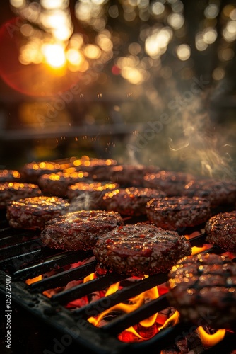 Grill with Juicy Burgers: A close-up shot of an outdoor grill loaded with juicy burgers sizzling over the flames.