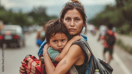 A woman carrying her children with a sad face from war, who are illegal immigrants, looking at the camera