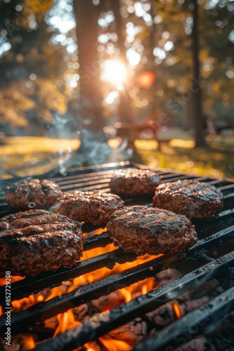 Grill with Juicy Burgers: A close-up shot of an outdoor grill loaded with juicy burgers sizzling over the flames.
