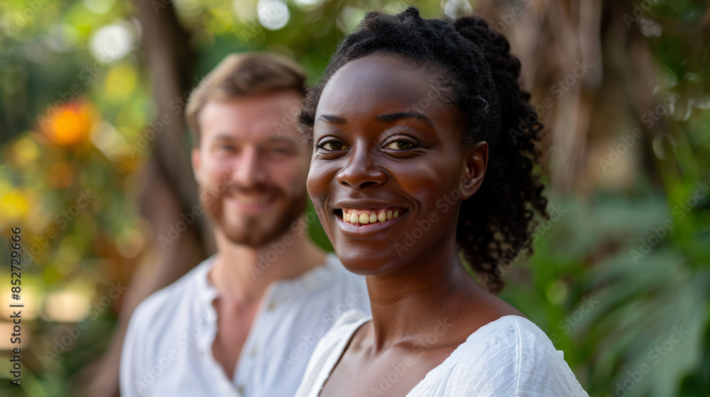 Couple is smiling outdoors, enjoying the summer day Couple is smiling outdoors, enjoying the summer day