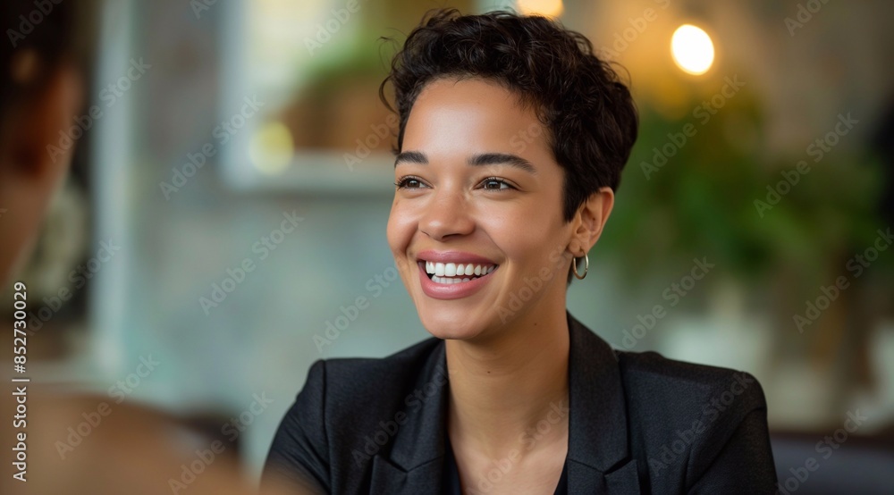 a businesswoman in a chic short hairstyle, engaged in a positive conversation, conveying effective communication skills with her smile. a businesswoman in a chic short hairstyle, engaged in a positive conversation, conveying effective communication skills with her smile.