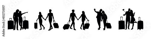 Couple tourists walking with luggage black silhouette set collection.