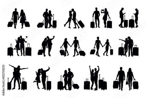 Couple travellers with luggage various poses black silhouette set.	