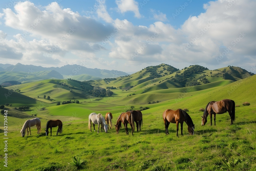 A group of horses grazing peacefully on a lush, green hillside, with rolling hills and distant mountains under a partly cloudy sky, the details of the horses' coats. A group of horses grazing peacefully on a lush, green hillside, with rolling hills and distant mountains under a partly cloudy sky, the details of the horses' coats.
