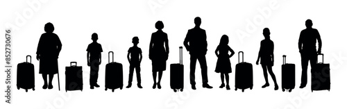 Family standing with luggage holiday traveling portrait black silhouettes set. Grandparents parents and children with suitcase posing together looking at camera black silhouettes.	