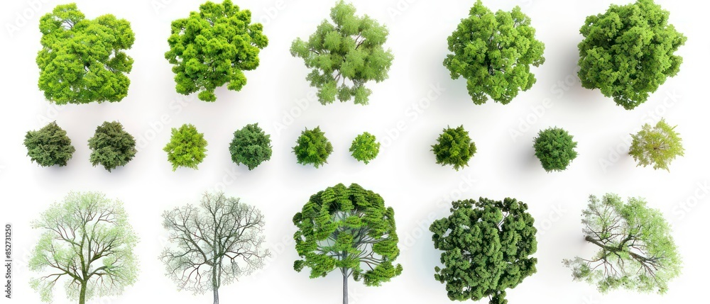 Aerial view of different trees, emphasizing their unique leaves and branches against a clean white backdrop Aerial view of different trees, emphasizing their unique leaves and branches against a clean white backdrop