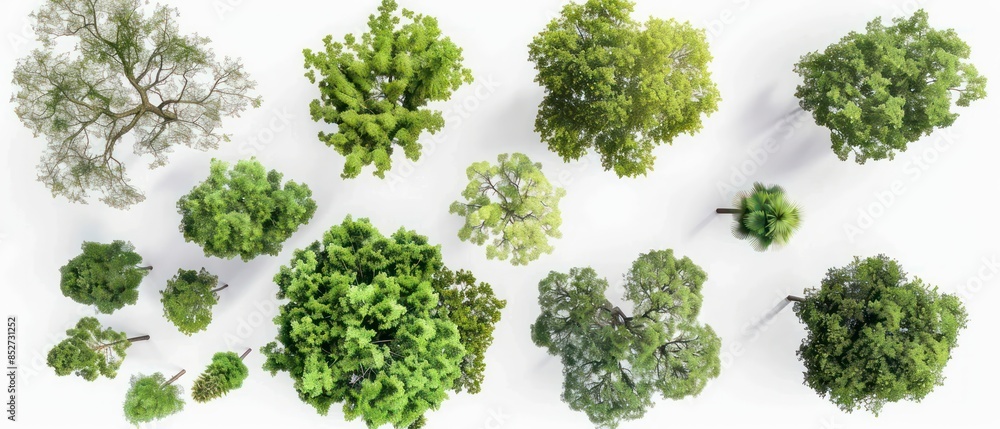 Aerial view of different trees, emphasizing their unique leaves and branches against a clean white backdrop Aerial view of different trees, emphasizing their unique leaves and branches against a clean white backdrop