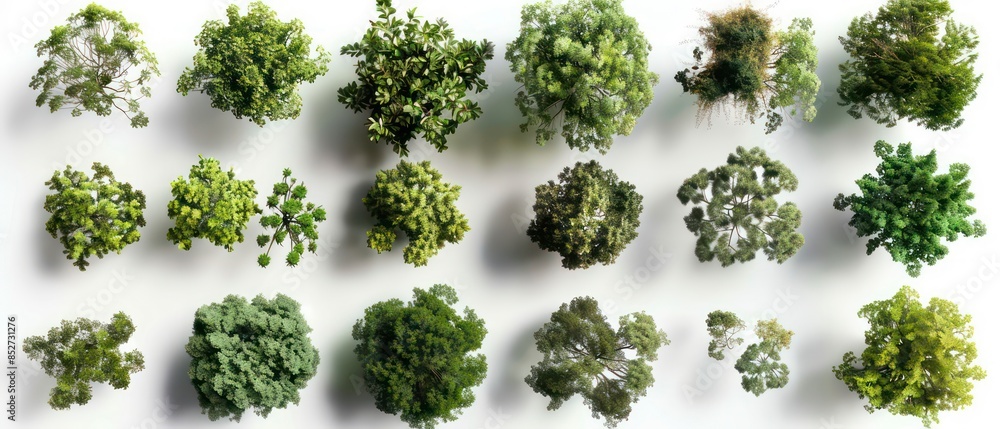 Aerial view of different trees, emphasizing their unique leaves and branches against a clean white backdrop Aerial view of different trees, emphasizing their unique leaves and branches against a clean white backdrop