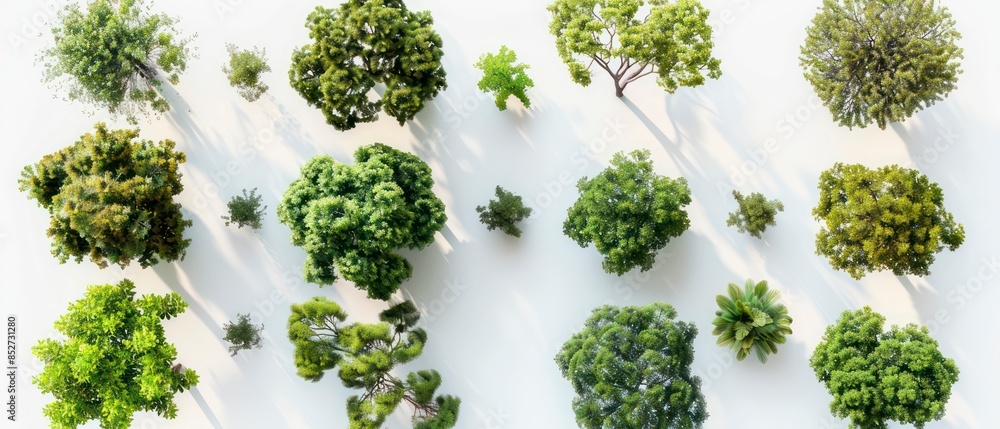 Aerial view of different trees, emphasizing their unique leaves and branches against a clean white backdrop Aerial view of different trees, emphasizing their unique leaves and branches against a clean white backdrop