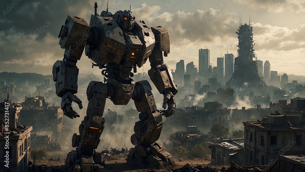 A towering, war-worn mech defending a post-apocalyptic city from rogue Al ai_generated A towering, war-worn mech defending a post-apocalyptic city from rogue Al ai_generated