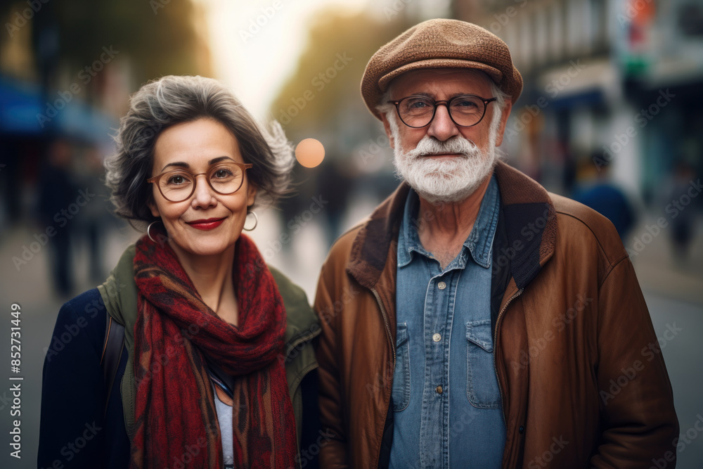 Happy, stylish senior couple with on a city street Happy, stylish senior couple with on a city street