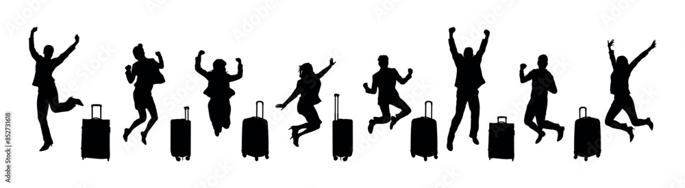 Happy group of people exciting holiday traveling jumping with luggage silhouette set. Happy group of people exciting holiday traveling jumping with luggage silhouette set.
