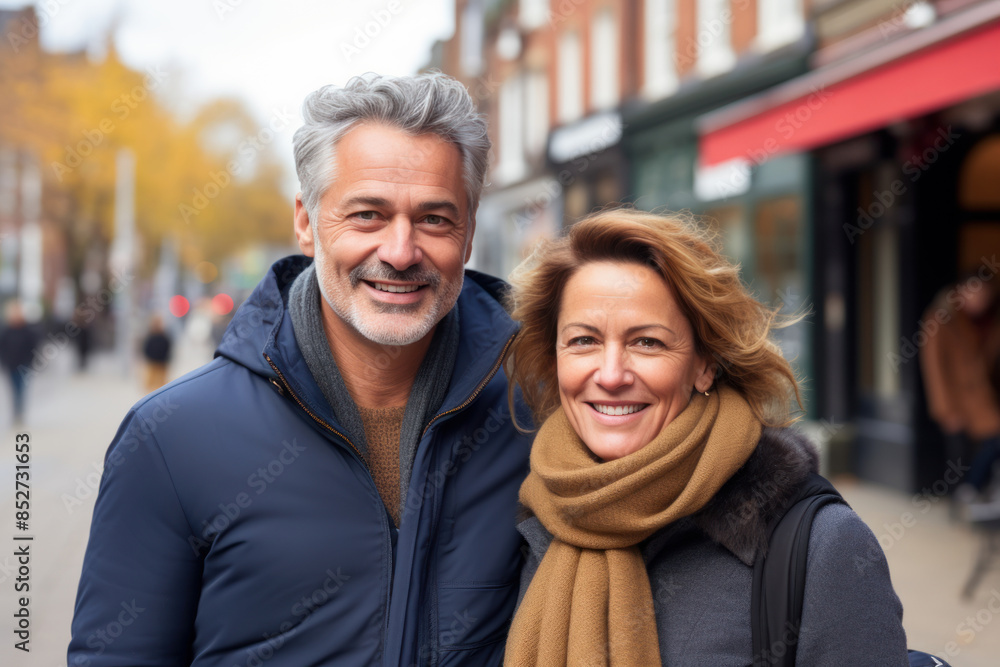 Smiling middle-aged man and woman embracing on street Smiling middle-aged man and woman embracing on street