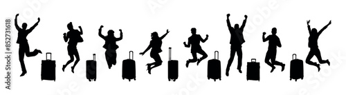 Happy group of people exciting holiday traveling jumping with luggage silhouette set.