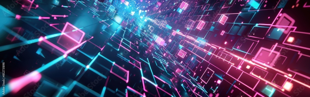 A colorful image of a cityscape with neon lights and squares. Scene is energetic and futuristic