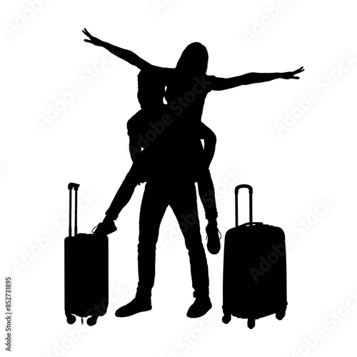 Man piggybacking woman while holiday traveling vector black silhouette.