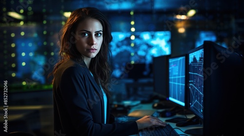 Photograph of a female cybersecurity specialist meticulously analyzing network traffic, her expression focused and determined