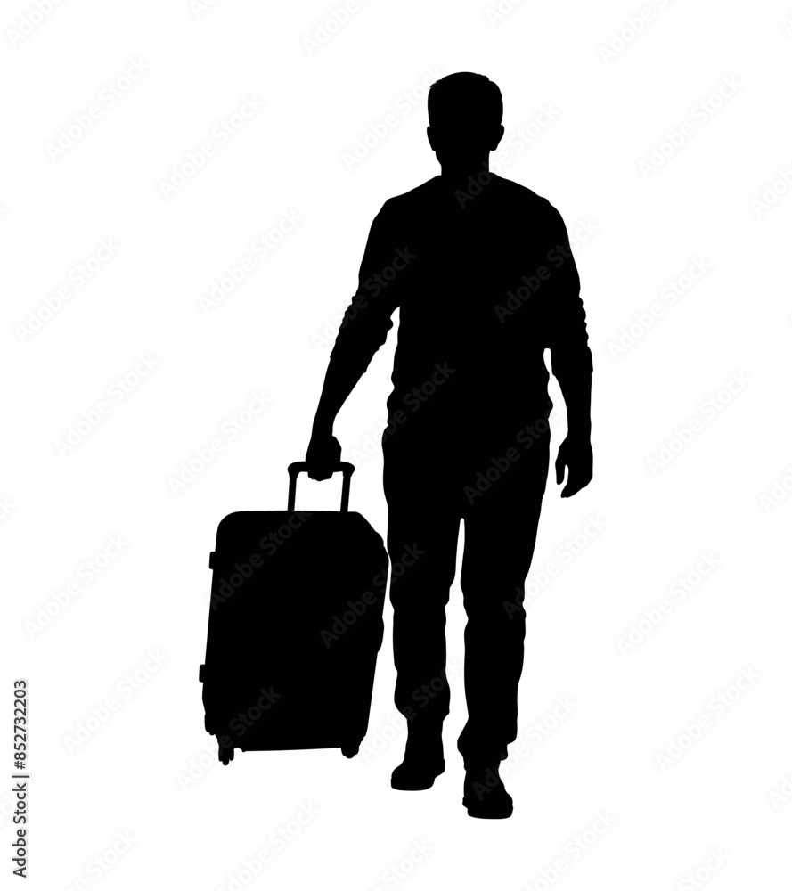 Man walking and pulling suitcase front view vector silhouette. Man walking and pulling suitcase front view vector silhouette.