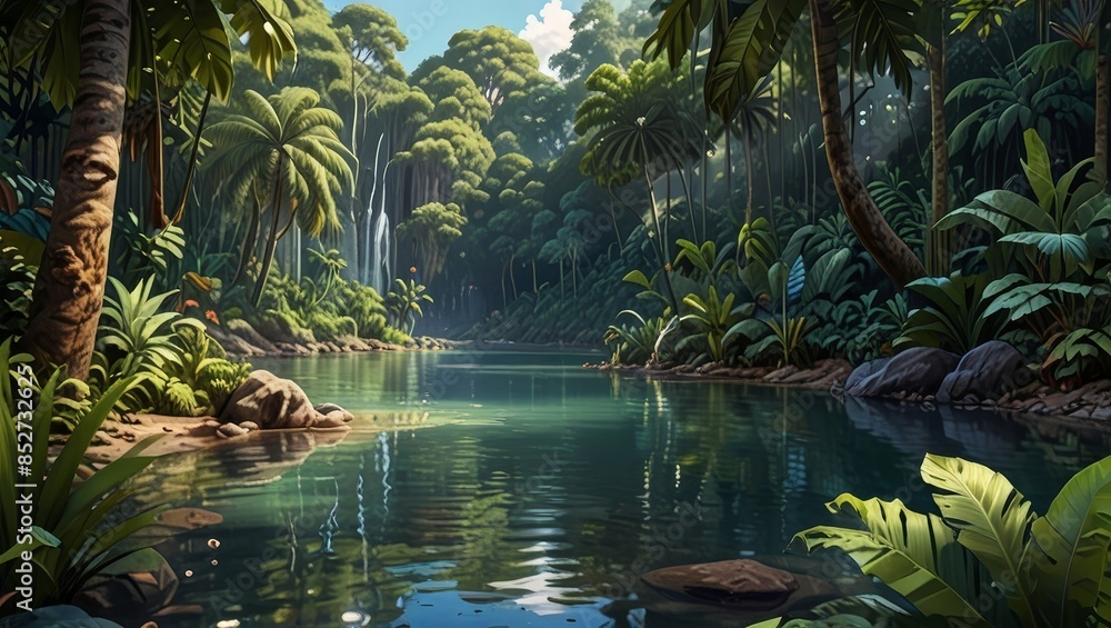 Tropical river winds through a lush forest. Peaceful background animation. Tropical river winds through a lush forest. Peaceful background animation.