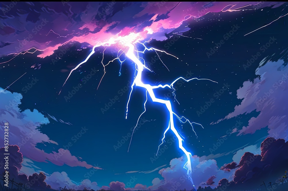 Thunder strike at night Anime style flat illustration, lo-fi background Thunder strike at night Anime style flat illustration, lo-fi background