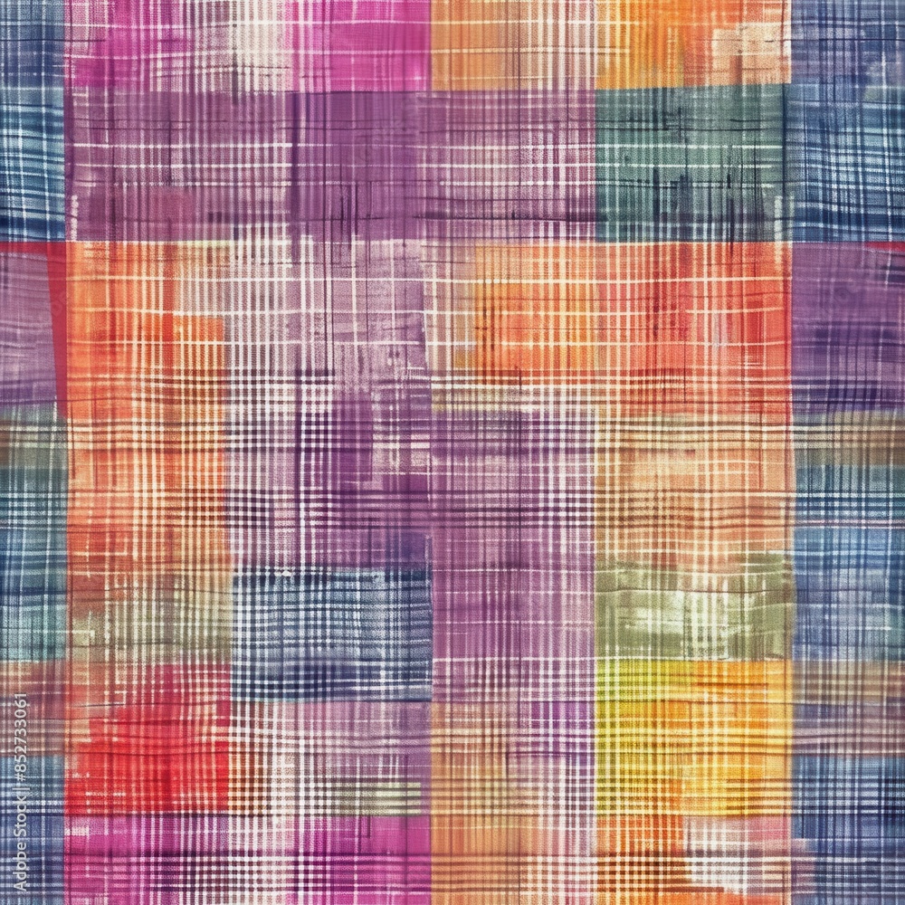 This digital illustration features a seamless pattern of overlapping checkered squares in various shades of purple, red, orange, yellow, and blue. The design creates a vibrant and textured effect, res This digital illustration features a seamless pattern of overlapping checkered squares in various shades of purple, red, orange, yellow, and blue. The design creates a vibrant and textured effect, res