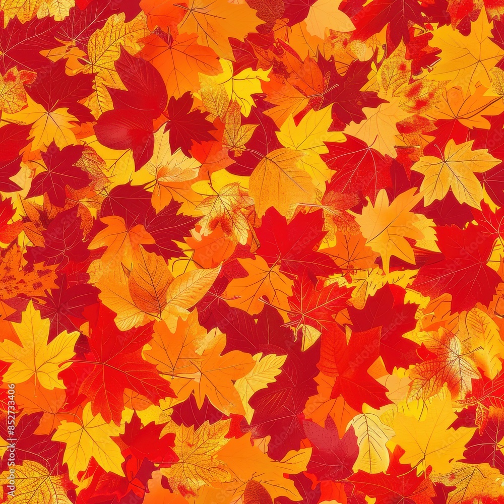 A seamless pattern of colorful autumn leaves in shades of red, orange, and yellow. The leaves are arranged in a random pattern, creating a beautiful and vibrant backdrop. This image is perfect for use A seamless pattern of colorful autumn leaves in shades of red, orange, and yellow. The leaves are arranged in a random pattern, creating a beautiful and vibrant backdrop. This image is perfect for use