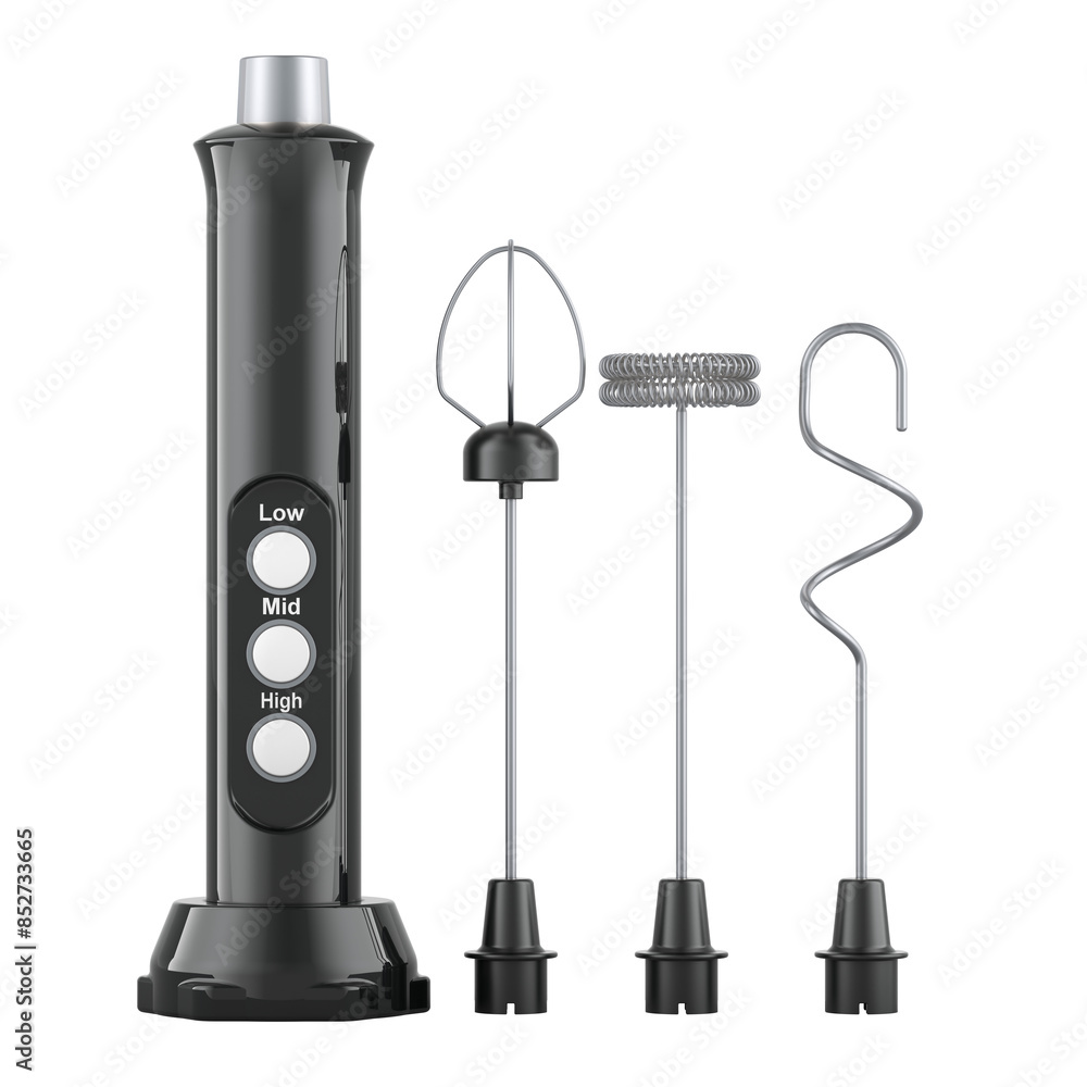 Milk Frother, Electric Milk Frother Handheld with 3 Stainless Whisks and 3 Adjustable Speeds. 3D rendering Milk Frother, Electric Milk Frother Handheld with 3 Stainless Whisks and 3 Adjustable Speeds. 3D rendering