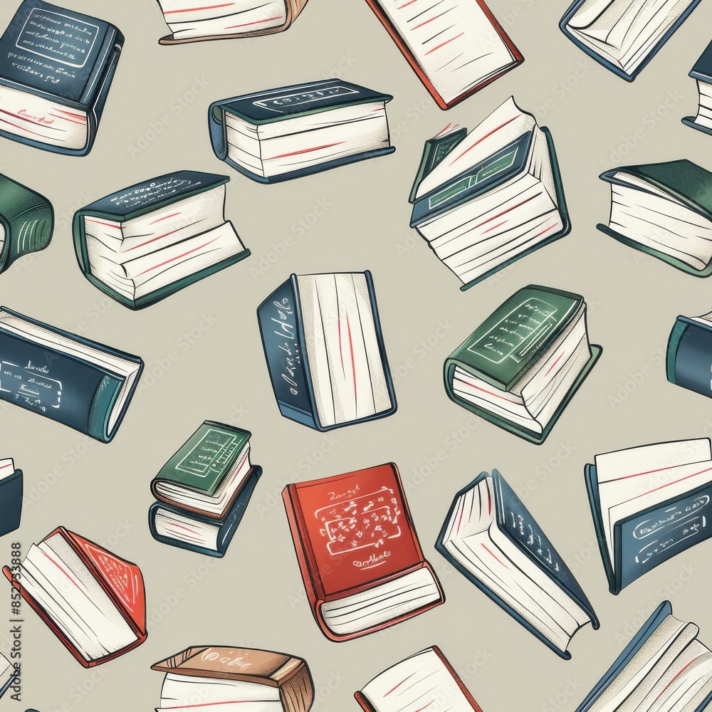 This digital illustration features a seamless pattern of colorful, hand-drawn books. The pattern features various colors and styles of books, including hardcovers and paperbacks, all arranged in a ran This digital illustration features a seamless pattern of colorful, hand-drawn books. The pattern features various colors and styles of books, including hardcovers and paperbacks, all arranged in a ran