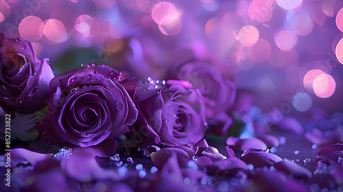Fototapeta Naklejka Na Ścianę i Meble -  purple roses and purple hearts on purple background with bokeh lights, love wallpaper, purple flowers, purple valentine's day design, purple rose background.