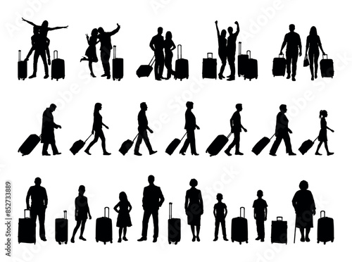 People all ages with suitcases traveling various poses different gestures black silhouette set.